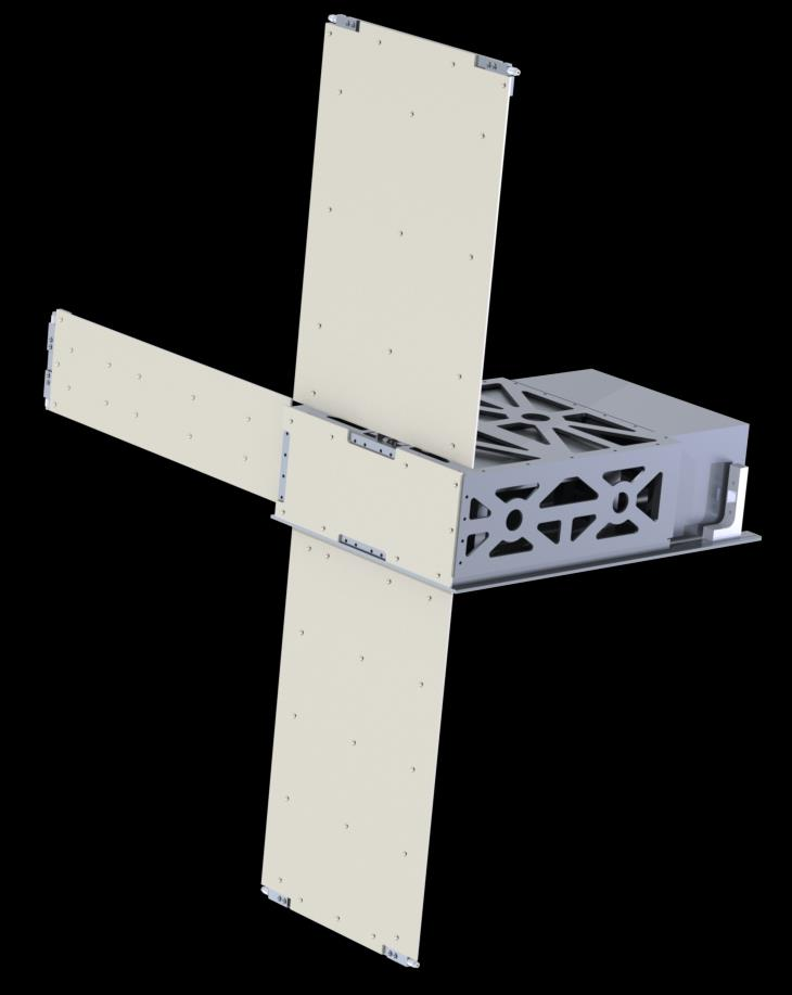 SUCCESS 6-unit CubeSat CAD render with deployed solar panels